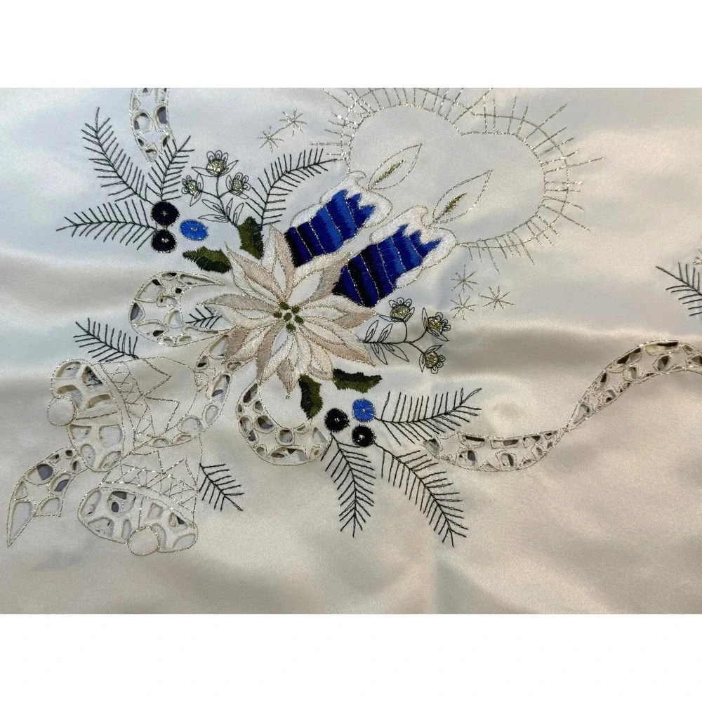 Vintage Embroidered Square Christmas Satin‎ Table Topper White & Blue Cottage